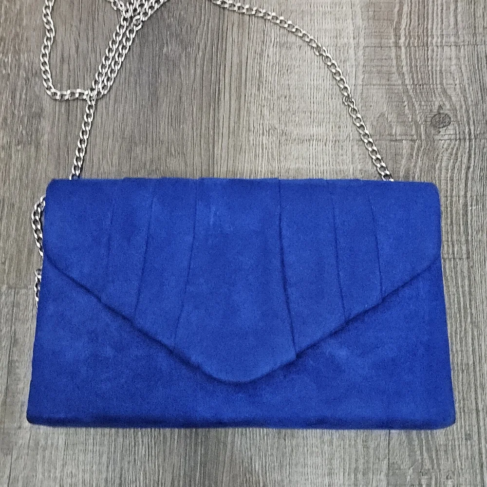 Women's Evening Bag Pleated Envelope Clutch Royal Blue Silver Chain